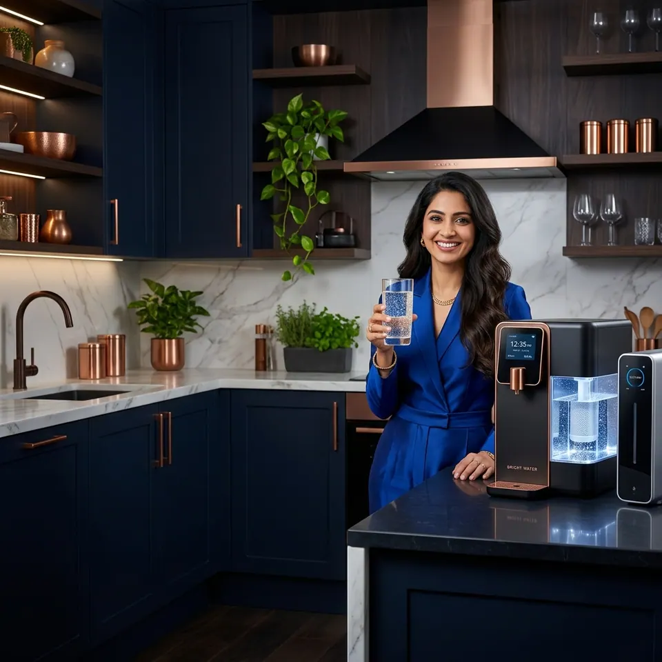 A customer pouring treated water in her kitchen beside a Bright Water dispenser