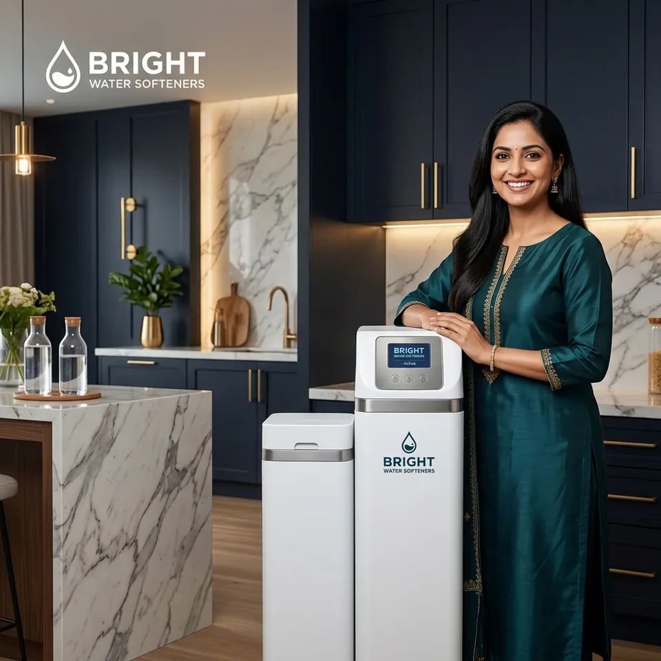 A customer beside an installed Bright Water softener in her home