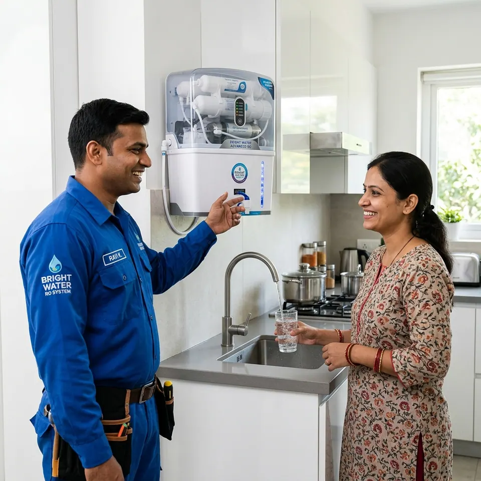 A Bright Water service engineer explaining a wall-mounted RO purifier to a customer in her kitchen