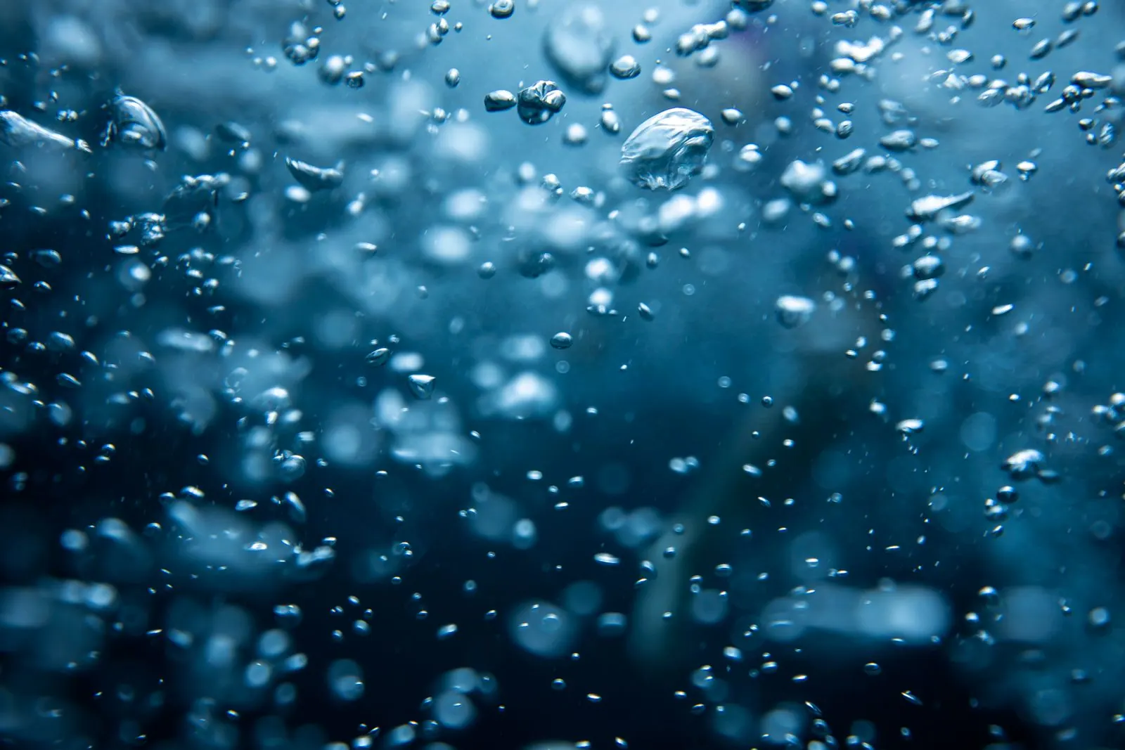 Air bubbles rising through clear water