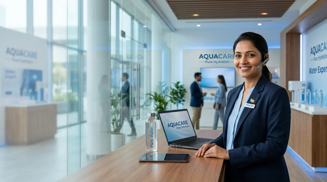 A water solutions specialist at a front desk, ready to take an enquiry