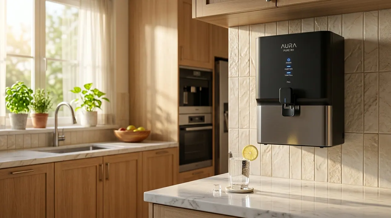 A domestic RO purifier installed above a kitchen counter with a glass of treated water
