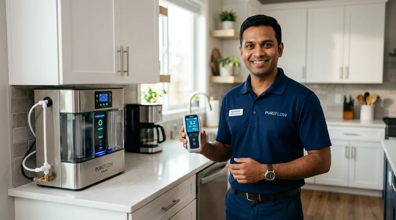 A service engineer holding a TDS meter beside an installed purification system